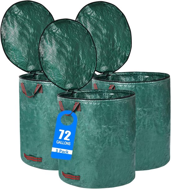 Tuinafvalzak met deksel en handgrepen - Set van 3 - 3 x 272 L - Tuinafvalzakken opvouwbaar - Tuinzak - Bladzak - Zelfstaand afvalzak - Tuinafvalemmer - Tuinafvalzak - Bladzakken - Tuinafvalzakken - Waterdicht - Herbruikbare - Groen
