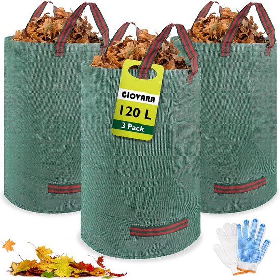 Tuinafvalzak, opvouwbare tuinzak, herbruikbare bladzak, 3 x 120 liter, zelfstandig staande tuinzak van robuust polypropyleenweefsel, hoge capaciteit, waterdichte tuinafvalbak van T