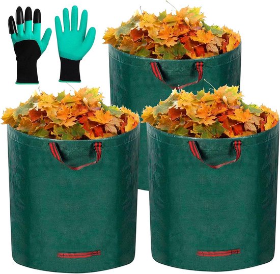 Tuinafvalzakken - 3 x 272L Tuinzakken voor Herbruikbare Tuinieren Gazon Bladzak - incl. 1 paar Tuinhandschoenen van T
