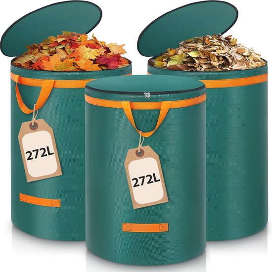 Tuinafvalzakken Set van 3 – 272 Liter – Stevige Bladzakken met Deksel en Handgrepen – Zelfstaand – Groen