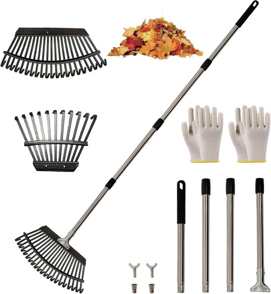 Tuinbladhark, 2-in-1 metalen dubbele kop (25 tinten + 11 tanden), tuingazonhark, zwaar belastbaar, 40-160 cm - ShopVlot