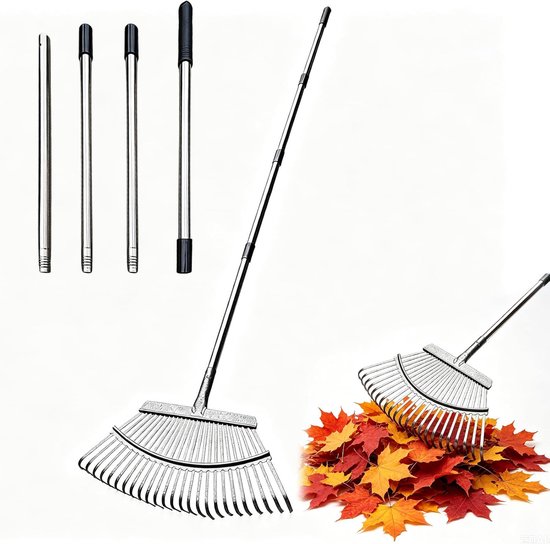 Tuinbladhark, tuinhark, 4-delige verstelbare bladhark, 47 cm breed, 180 cm steel, waaierbezem metaal, waaierbezem - ShopVlot