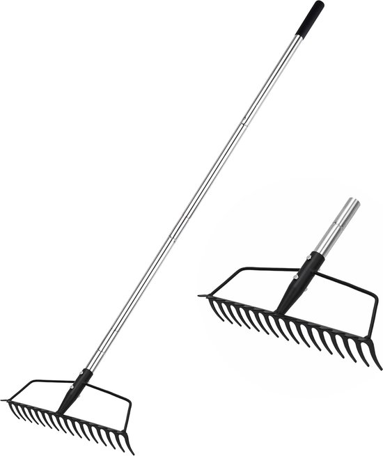 Tuinboog hark voor gazons, zware belasting, van roestvrij staal, verstelbare tuinhark voor het nivelleren van zandbodem en het verzamelen van bladeren, Garden Rake Carbon Steel Sturdy