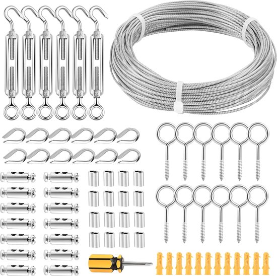 Tuindraadspanschroef Draadspannerset met draadkabel 30 m, 304 roestvrij staal 2 mm kabelkabelset PVC gecoat Afbeelding Hangdraadhek Trellis Relingset voor waslijnklimplanten van T