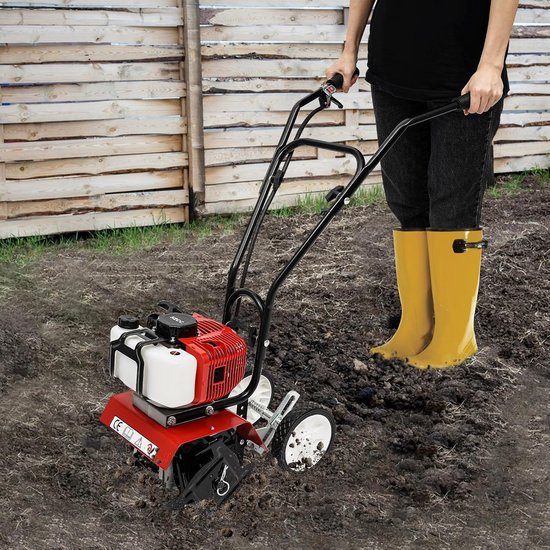 Tuinfrees Benzine - Grondbewerker Bodemsnijder - Tuin Losmaken - Krachtige Tweetakt Motor - 35cm Werkbreedte - Rood Zwart