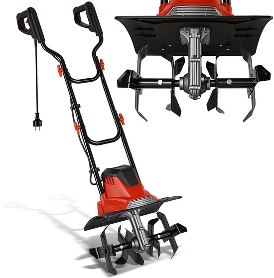 Tuinfrees Elektrische Grondfrees Motorhark voor Omspitten en Losmaken van Bodem, 1050 W rode en zwarte elektrische grondfrees van Merkloos	