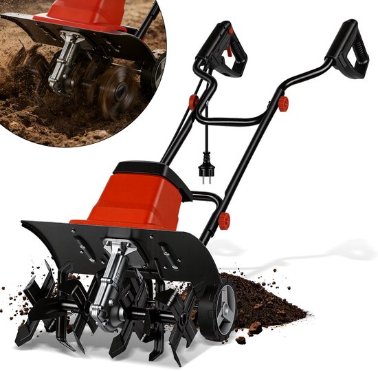 Tuinfrees Elektrische Grondfrees Motorhark voor Omspitten en Losmaken van Bodem, 1500 W rode en zwarte elektrische grondfrees met wielen van Merkloos	