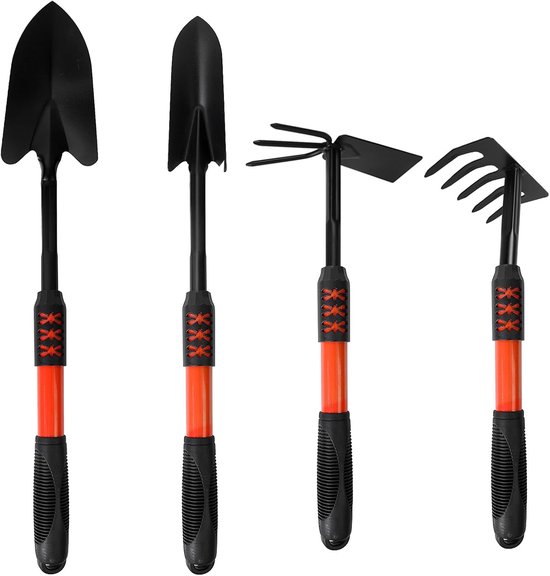 Tuingereedschap - 4-delige set - Puntige schep - Brede schep - Getande hark - Schoffel - Schep met antisliphandvat - Ergonomische lange steel - Voor het onderhouden van gazons, tuinen en groenten.