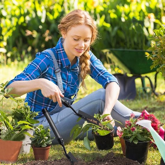 Tuingereedschap, 5-delige roestvrijstalen tuingereedschapset, kleine draagbare transplanter, troffel, onkruidsnijder, boomschaar voor potplanten en tuinhandwerkwieder van FIYERBU.