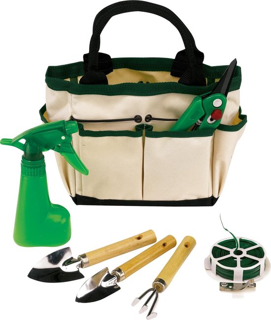 Tuingereedschap 7-delig - Tuintas - Waterspray, schepje, kleinschepje, harkje, knijptang en metalen draad in een mooie en handige tas. van Natuurschoon