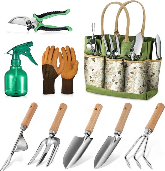 Tuingereedschap: 9-delige tuingereedschapset Tuingereedschapset voor tuinieren (Groen) van Tuingereedschap.