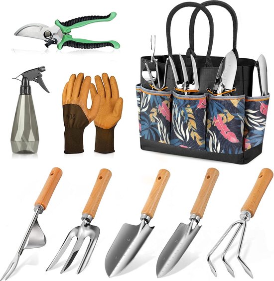 Tuingereedschap: 9-delige tuingereedschapset voor tuinieren met grote tuintas en tuinschaar, ideale tuincadeaus voor dames/mannen, cadeaus voor mama, zwart-oranje van Tuingereedschap.