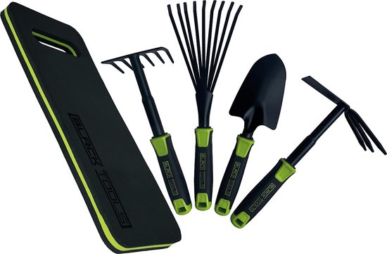 Tuingereedschap bundel 5-delig | plantentroffel, combihakken, handhark, waaierbezem, kniekussen | perfecte uitrusting voor kleine bedden, plantenbakken en balkonbakken van T