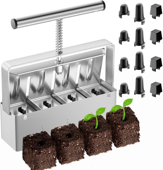 Tuingereedschap - Grondblokpers - GrondblokmakerHandmatige Grondblokker - handmatige grondblokmaker - Plantenteelt - 4 Perspotten - plantgereedschap -Grondblokker - Zaailinggereedschap - Zilver