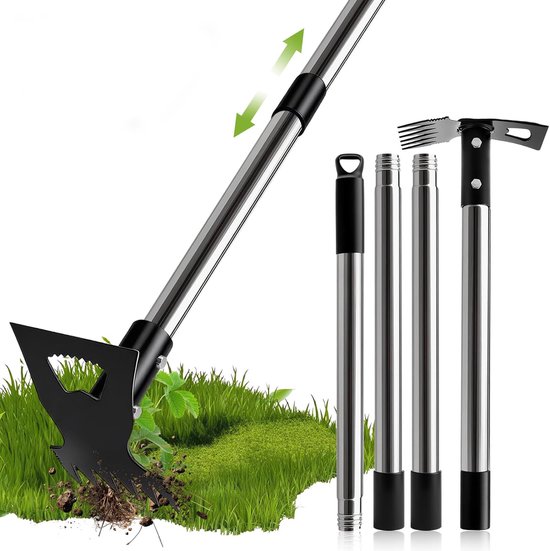 Tuingereedschap - Onkruidtrekker met lange steel - Handmatige onkruidverwijderaar - 2 in 1 Multifunctionele schoffel - Onkruidschep/tuinhark - 148 cm - Afneembaar - Voor tuinen, gazons, terrassen en moestuinen van Merkloos	