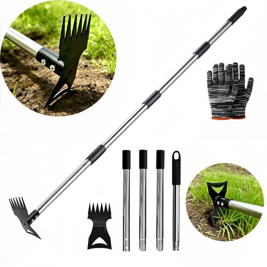 Tuingereedschap - Onkruidvreter met lange steel - Vierdelige schoffel met 6 tanden - Onkruidschep - 148 cm - Afneembaar - Geschikt voor tuinen, gazons en moestuinen