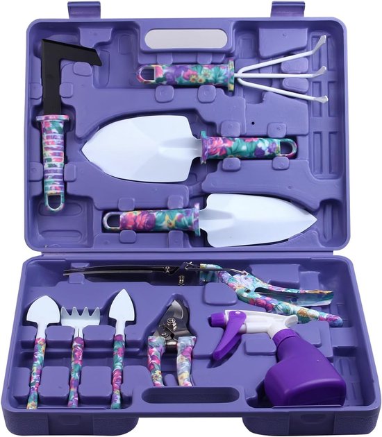 Tuingereedschap Set 10-Delig - Met Bloemen Print en Ergonomische Handvatten - Tuinset met Draagtas - Roestvrij - Perfect Cadeau voor Tuiniers van Merkloos	