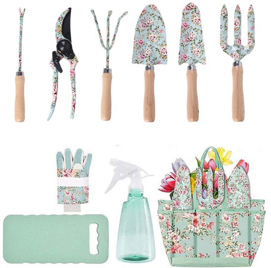 Tuingereedschap Set 10-delig – Met Opbergtas – Roestvast Staal – Ergonomische Houten Handvatten – Kniekussen en Handschoenen – 10 Stuks – Multicolor van Merkloos	