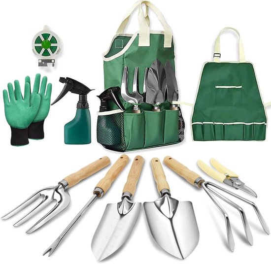 Tuingereedschap set: 11-delige set met roestvrij stalen gereedschap en antislip houten handvatten, cadeauset met opbergtas voor tuinieren - tuincadeaus voor dames en heren. van Merkloos	