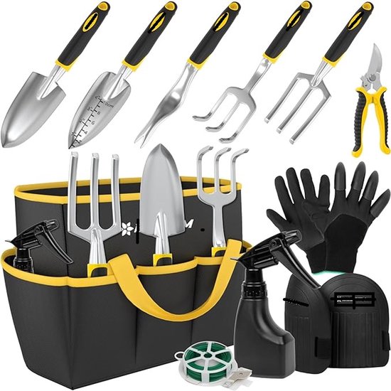 Tuingereedschap Set 11 stuks - Heavy Duty Tuingereedschap Kit met Waterdichte Tote Bag - Roestbestendige Tuin Troffel Set met Ergonomische Handgrepen - Tuingeschenken voor Mannen & Vrouwen