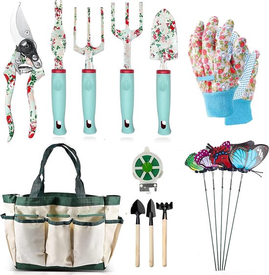 Tuingereedschap Set, 12-delige Floral Garden Hand Tool Geschenkkits Tuinieren Geschenken voor dames en heren, met snoeischaar & X-Large handvat Opbergtas, Heavy Duty Tuingereedschap