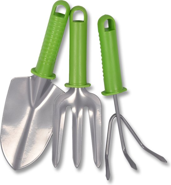 Tuingereedschap Set 3-delig - Groen/Zilver Harkje, Schoffel en Schepje - Compact 37 x 6 x 13 cm van Merkloos	