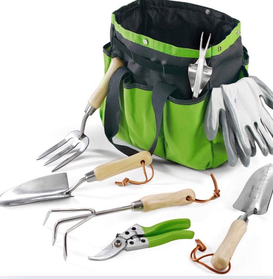 Tuingereedschap set, 7 in 1 roestvrij stalen tuingereedschap met houten handvat, gereedschapstas inbegrepen van Merkloos	
