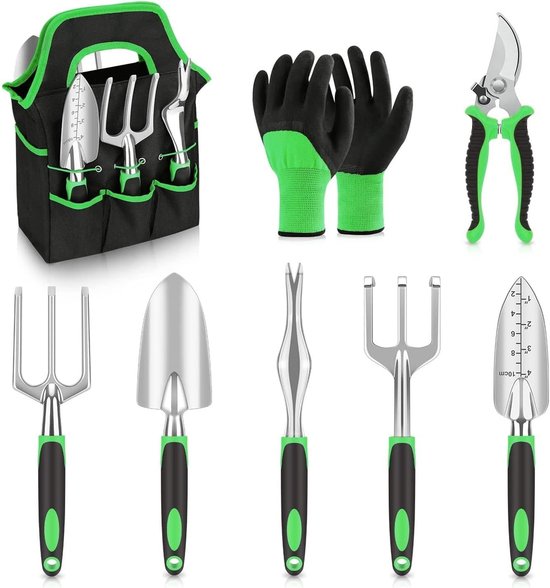 Tuingereedschap Set 8-Delig - Robuuste Handgereedschappen - Aluminium Ergonomische Tuinset - met Handige Opbergtas - Luxe Snoeischaar en Handhark - Groen Zwart