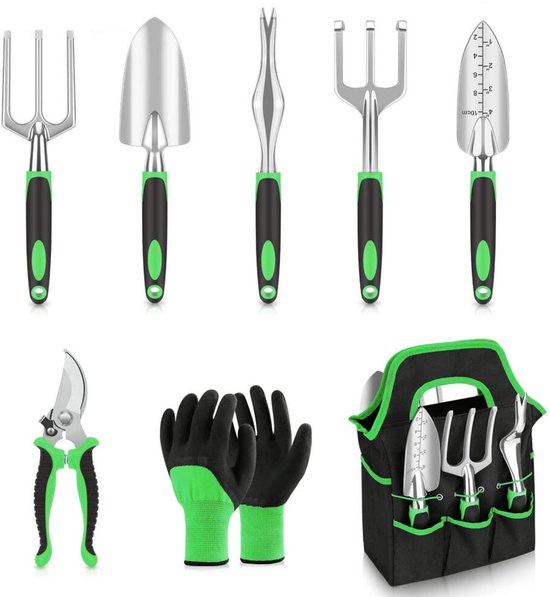 Tuingereedschap Set 8-Delig - tuinschop - Snoeischaar, Schep, Hark & Meer - Tuinset - Aluminium Tuingereedschapset met Draagtas - Tuinieren - Plantenschep - Handgereedschap - camping - Tuin - Voorjaar - groen zwart van Merkloos	