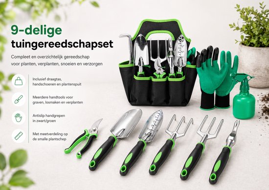 Tuingereedschap Set 9-Delig - Aluminium Tuingereedschapset met Draagtas - Snoeischaar, Schep, Hark & Meer - Tuinieren van Tuingereedschap.
