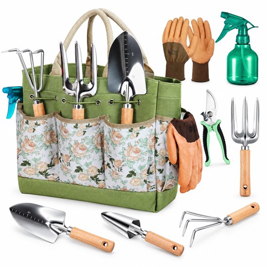 Tuingereedschap Set - 9-delige Tuinset van Beukenhout en Roestvrij Staal - met Opbergtas, Gieter, Tuinhandschoenen en Snoeischaar - Cadeauset voor Tuinliefhebbers, Moeder, Vrouw of Dochter