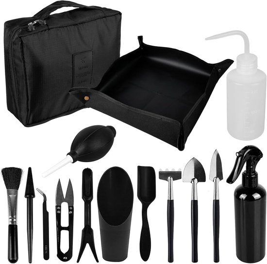 Tuingereedschap Set - Bonsai Gereedschap Mini - Planten Verzorgen - 13 Delig Met Mat - 440g - Zwart
