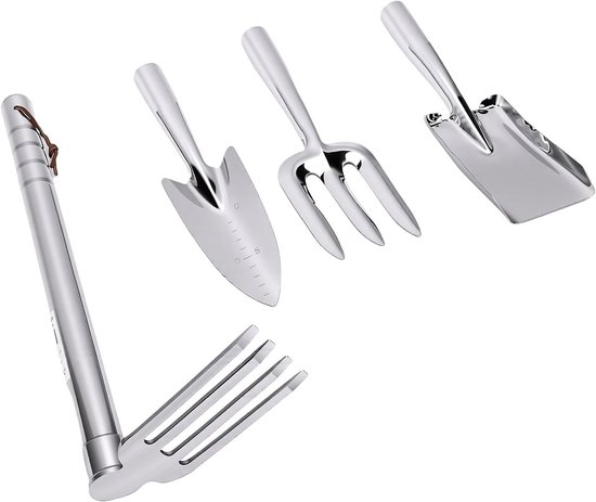 Tuingereedschap Set - Hark en Schoppen - Planten en Wieden - Roestvrij Staal - 4-delig - Zilver