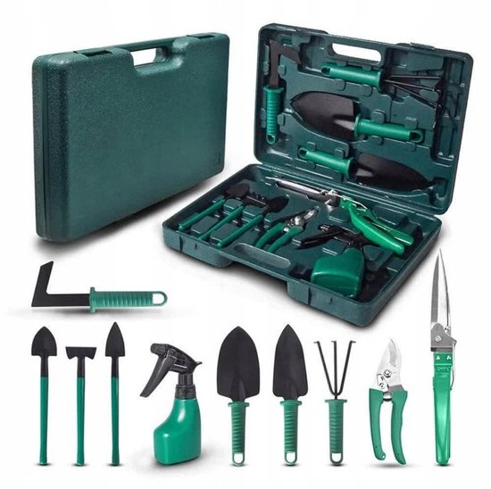 Tuingereedschap set in koffer, tuinierset, tuinsetje, 10 delige, tuin, gereedschap, tuinschaar, handschep, handhark, plantenspuit, haakvormige voegenkrabber, bloemenschepje, bloemenschaar, grasschaar en heggenschaar tuin gereedschap- handgereedschap van Kinzo Garden