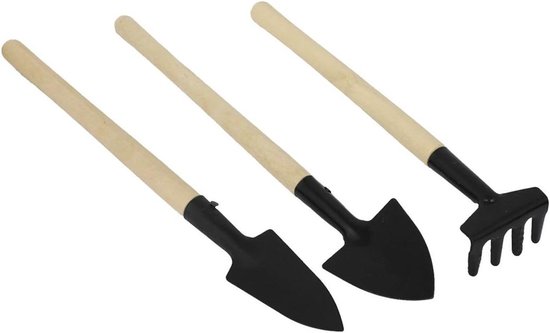 Tuingereedschap Set - Mini Handgereedschap - Planten Verzorgen - Houten Handvat - 3 Delig - Zwart Houtkleur