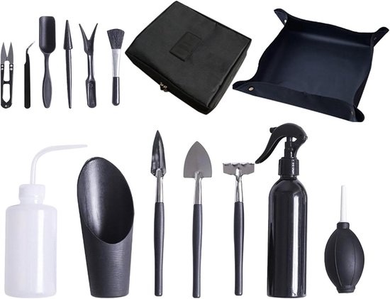 Tuingereedschap Set - Planten Tools - Vetplant Verzorging - 15 Delig Compleet - 22 x 18 x 8 cm - Zwart