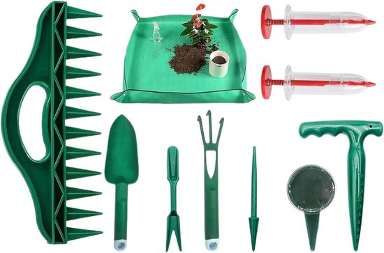 Tuingereedschap Set - Plantenmat - Zaaien en Kweken - Verstelbare Zaadverdeler - 10 Delig - Groen