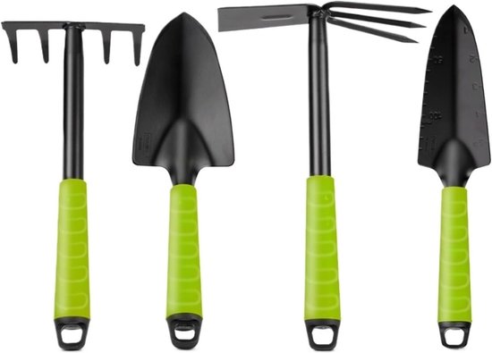 Tuingereedschap set-tuingereedschapset-tuinschepje- 4-delige set - inclusief smalle schep, vijftandige hark, brede schep en dubbelzijdige schoffel - bonsaigereedschap, gazonverzorging, landbouwgrond, verplanten.