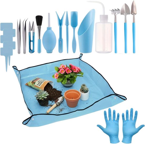 Tuingereedschap Set - Tuinwerk Hulpmiddelen - Planten Verpotten - Waterdichte Mat - 19 Delig - Blauw