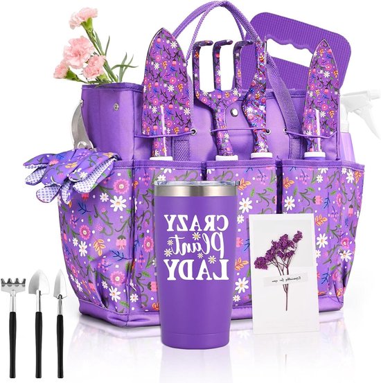 Tuingereedschap Set - Voor vrouwen - Planten verzorgen - 14 delig compleet - Grote tas - Paars