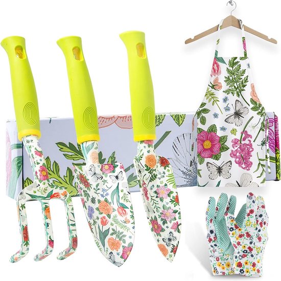Tuingereedschap, tuingereedschapskit met schort en handschoen - tuincadeaus voor vrouwen, 3-delige tuingereedschapset, set, binnen en buiten, handtroffel planten, wieden vork, ergonomische handgreep van T