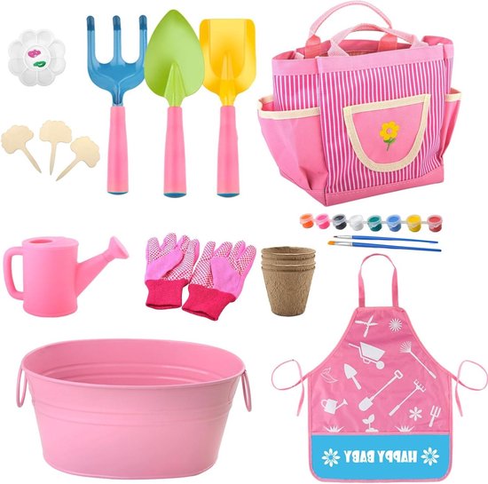 Tuingereedschap voor – bloempot, hark, schep, schort, handschoenen, graafgereedschap en tuinspeelgoed voor, voor jongens en meisjes, verjaardag, Pasen, tuin, gazon, strand, reizen