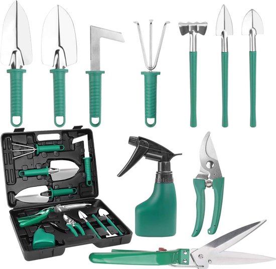 Tuingereedschapset, 10 stuks, roestvrij staal, tuingereedschap, ergonomische handgreep, schop en tuinschaar, hark, watersproeier, tuingeschenken voor vrouwen en mannen (37 cm x 28 cm) van T