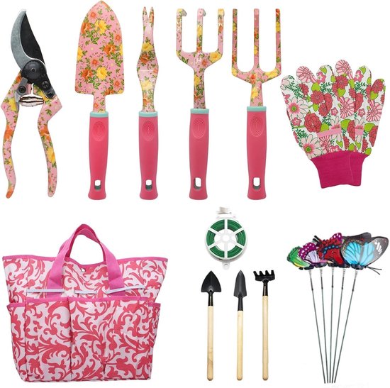 Tuingereedschapset, 16-delig handgereedschap voor bloementuinieren, tuincadeaus voor vrouwen en mannen, met snoeischaar en extra grote opbergtas met handvat van Merkloos	