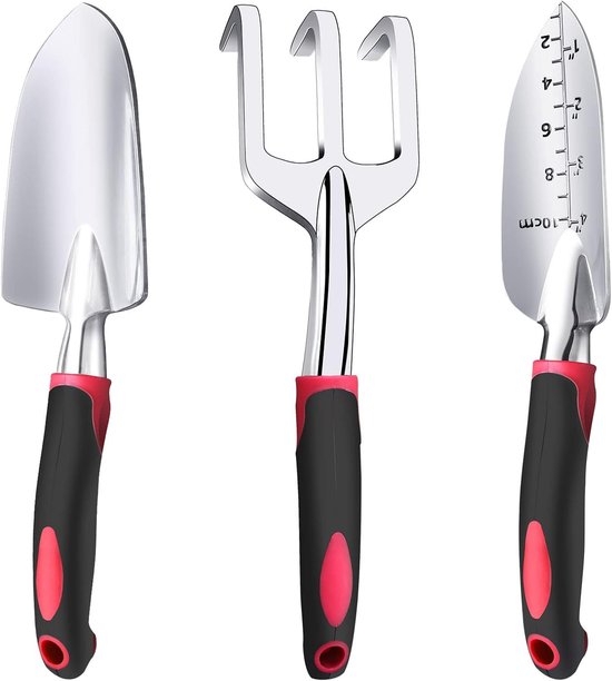 Tuingereedschapset, 3-delige aluminium heavy-duty tuingereedschapset, inclusief een handschep, een verplantschep en een handhark met zachte rubberen antisliphandvatten. Mensen die van tuinieren houden, zullen genieten van een aangename ervaring van Merkloos	