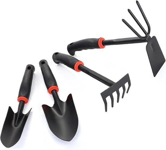 Tuingereedschapset - 4-delig - inclusief 2 schoppen - 1 hark en 1 cultivator - Roestbestendig ijzeren gereedschap met rubberen handgrepen - Tuinschep, een huishoudelijk gereedschap voor het planten van bloemen en groenten van Merkloos	