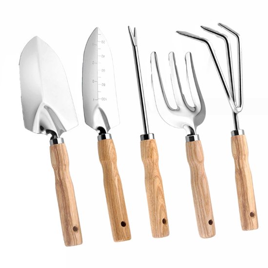 Tuingereedschapset 5-delig - Puntige Schop, Gestapelde Spade, Driehoekvork, Hark & Wortelpick - voor Tuin & Moestuin - Draagbare Handgereedschapsset van Merkloos	
