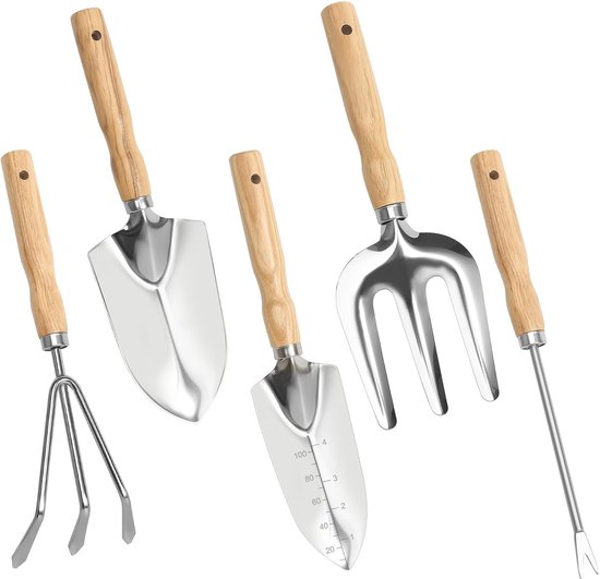 Tuingereedschapset – 5-delige roestvrijstalen tuingereedschapset – Kleine tuinschep – Tuingereedschap voor balkon – Roestvrijstalen tuingereedschapset