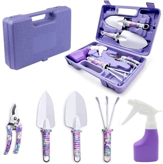 Tuingereedschapset - 5-delige tuingereedschapset - met draagtas Tuinset - met schep, trompethandhark, snoeischaar, spuitfles (paars) van Bellson