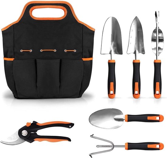Tuingereedschapset, 7-delig roestvrijstalen tuingereedschap met tuinschaar, tuinhark, drie plantenschep, onkruidsnijder, handtas, tuincadeau voor tuinieren van T